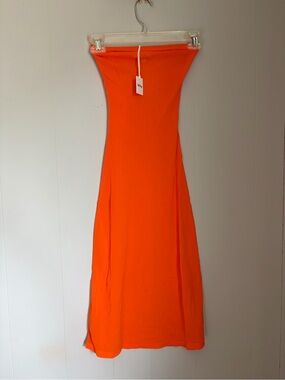 Khy Bright Orange Strapless Midi Dress